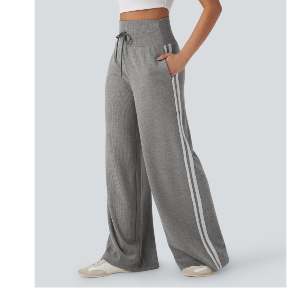 HALARA Gray Ribbed Wide-Leg Pants with White Stripes